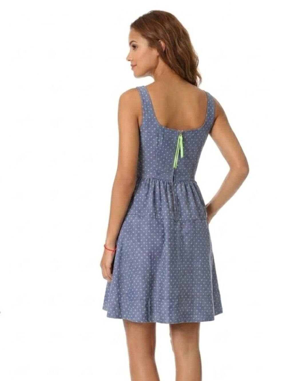 Marc by Marc Jacobs Chambray Polka Dot Dress Neon Zipper Blue Fit Flare Size 6 - Picture 2 of 14